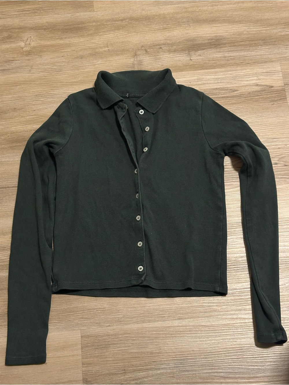 Long Sleeve Button-Up Collared Top - Dark Green
